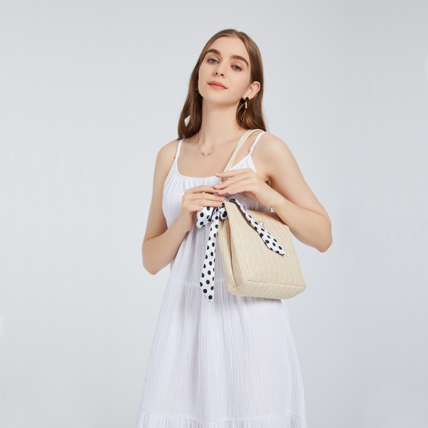 LH2010 - Miss Lulu Gewebtes Stroh Design Schultertasche mit Tupfenschal - Beige
